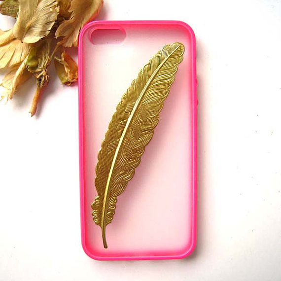 Gold Feather Shocking Pink Rubber Transparent Iphone 4 4s Case, Iphone5 5s Cover