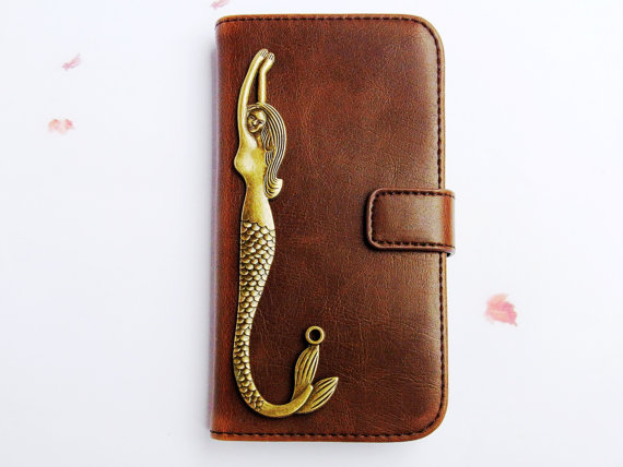 Iphone 4 Wallet Case - Mermaid Iphone 4 Case - Iphone 4 Leather Wallet - Credit Card Holder - Brown Iphone 4s - Iphone 4 Case Cover Handmade