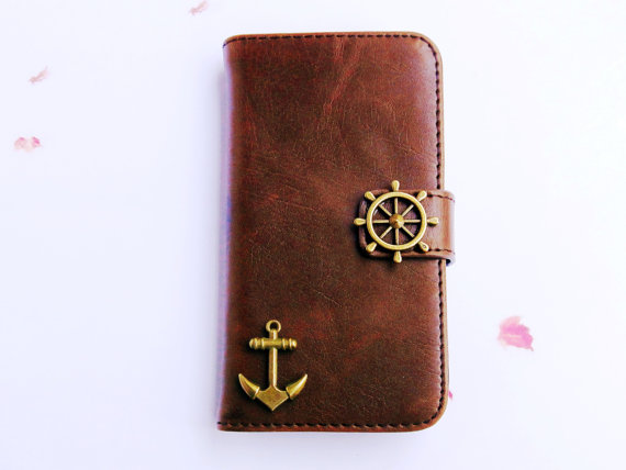 Anchor Iphone 5c Case - Iphone 5c Wallet Case - Iphone 5c Leather - Credit Card Wallet- Nautical Iphone Case - Iphone 5c Case Cover Handmade