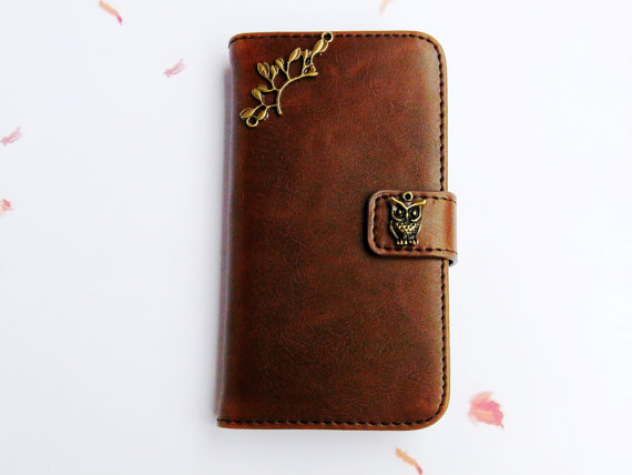 Samsung Note 2 Wallet Case- Floral Phone Case - Samsung Note 2 Leather - Samsung Note 2 Card Case - Brown Samsung Note 2 Case Cover Handmade