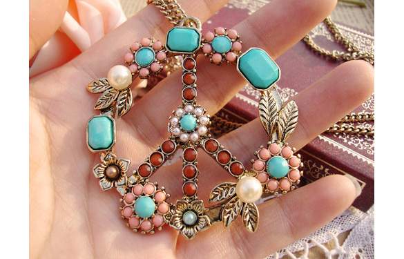 Peace Sign Colorful Beads Necklace Fashion Jewelry Pendant Chain
