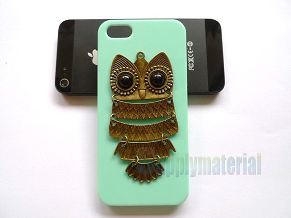 Handmade Retro Style Antique Copper Owl With Mint Green Phone Case For Iphone 5 Cover