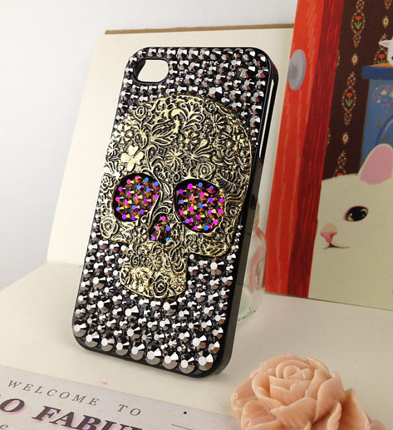 Skull Punk Iphone Case Crystals Skull Steam Punk Chameleon Gold / Purple Studded Eyes Handmade Iphone 5case Studded Bling Rhinestone