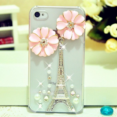 Pink Flowers Luxury 3d Handmade Tower Crystal Case Cover Skin For Iphone 4/4s/5/5s/6/6plus/6s