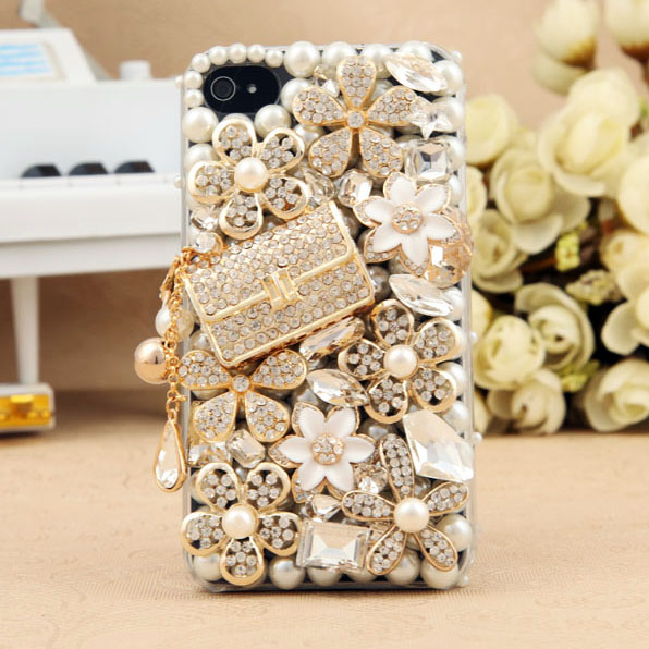 Iphone 4s 4g Bling Crystals Bag White Flower Hard Clear Case Cover